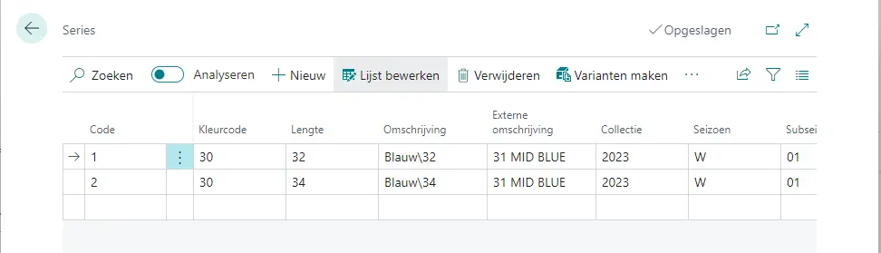 Series kleuren maten collecties en seizoenen in XPRT 365
