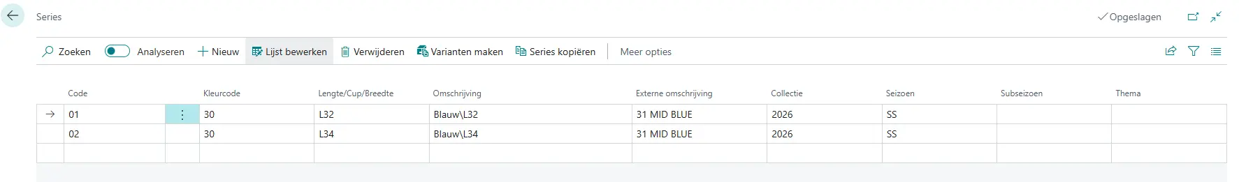 Series kleuren maten collecties en seizoenen in XPRT 365